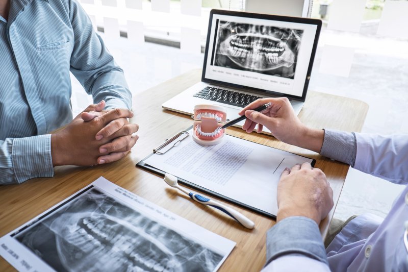 dentist and patient talking during dental implant consultation